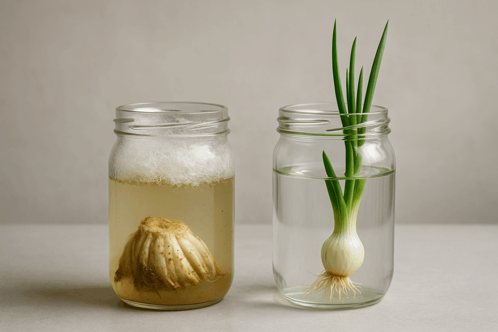 Ein verschimmeltes Regrowing-Glas neben einem Glas mit gesundem Zwiebelgrün als Gegenüberstellung von Fehler und Erfolg