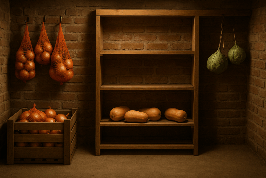 Übersichtlicher Vorratskeller mit getrennten Zonen für Zwiebeln, Kürbis und Kohl - Zwiebeln, Kürbis und Kohl lagern