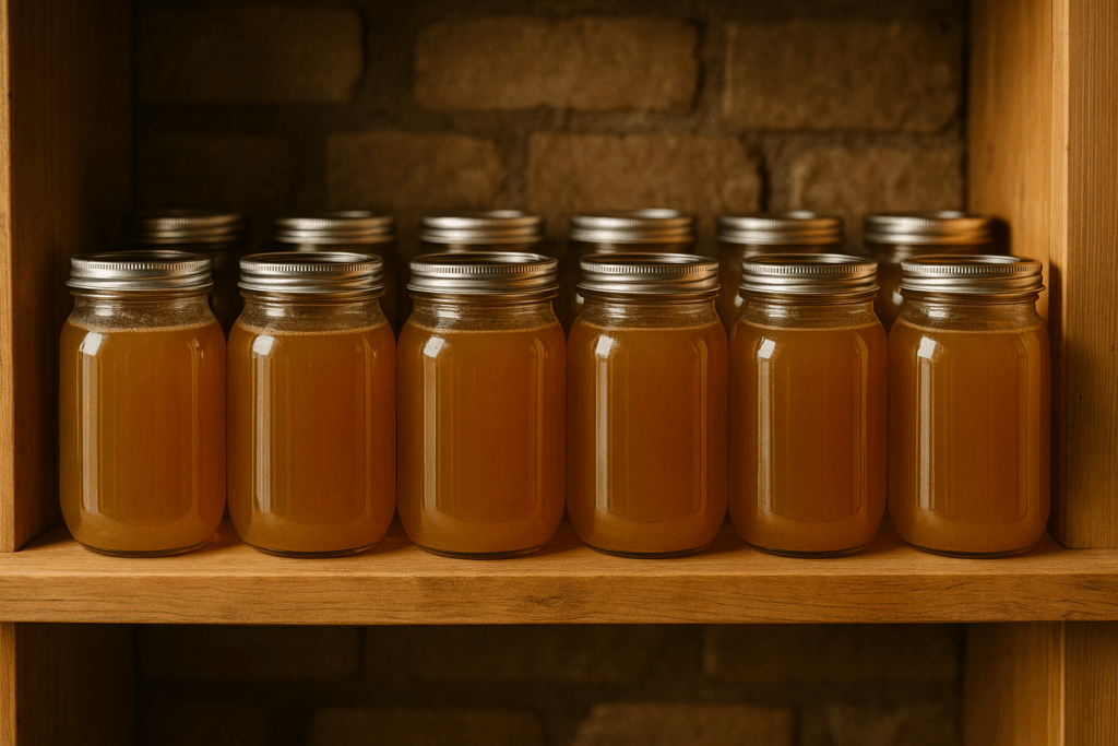 Zwölf gefüllte Einmachgläser mit Brühe stehen ordentlich in einem Vorratsregal