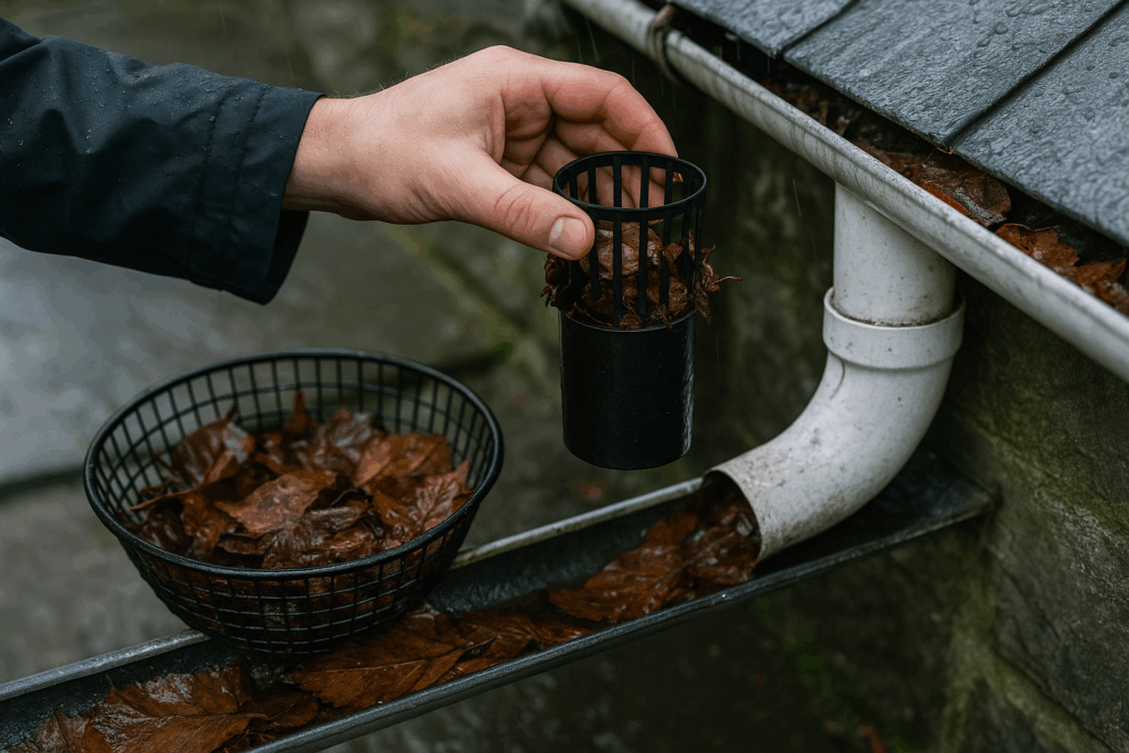 Laubsieb wird im Herbst aus dem Fallrohr gezogen, Blätter gesammelt - Regenwasser sauber halten
