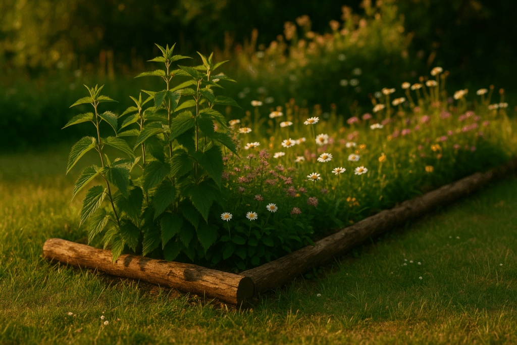 Klar begrenzte wilde Ecke mit Brennnesseln und Blütenrand in warmem Abendlicht