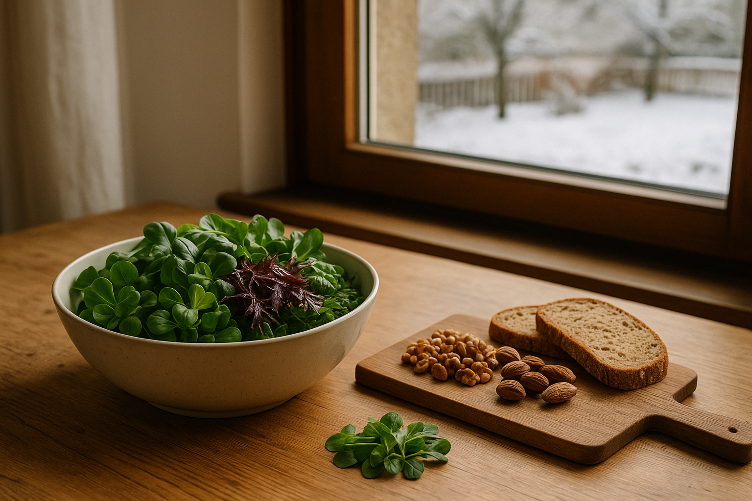 Küchentisch mit Schüssel aus Feldsalat, Postelein und Asia-Salat neben Brot und Nüssen vor Winterfenster - Wintersalat anbauen