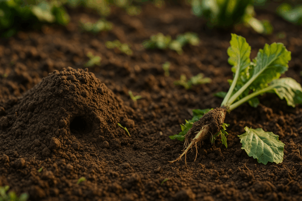 Nahaufnahme eines flachen Wühlmaushaufens mit seitlichem Gang und einer Pflanze mit angefressener Wurzel im Gemüsebeet