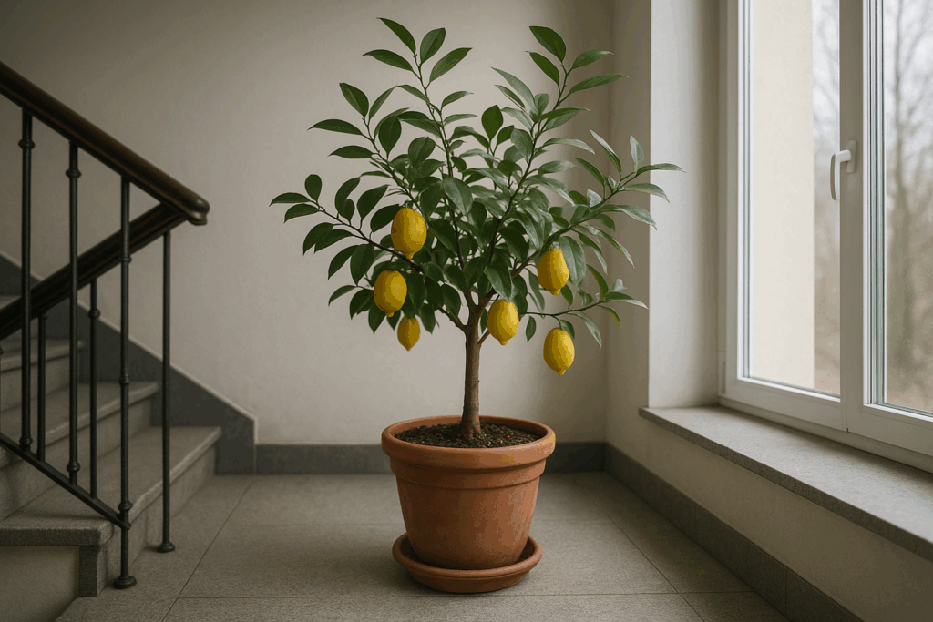 Zitronenbaum im kühlen Treppenhaus am Fenster, minimal gegossen, Winterruhe bei hellem Licht