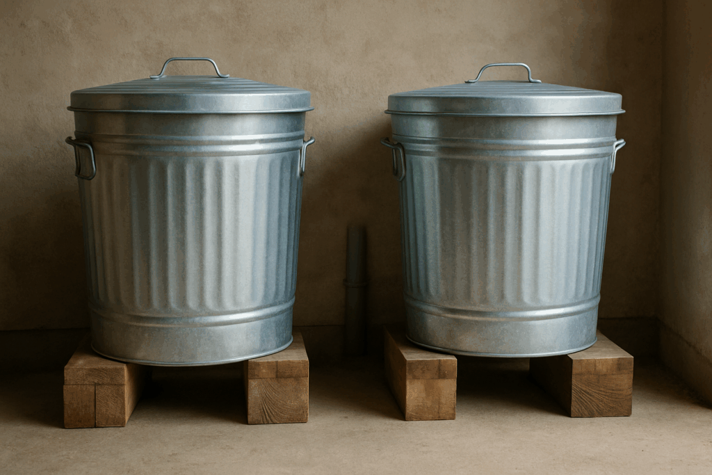 Erhöht aufgestellte Metalltonnen mit Abstand zur Wand auf sauberem Boden