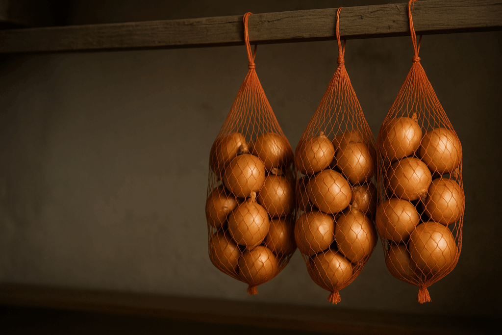 Zwiebeln hängen luftig in Netzen mit Abstand und ohne Kontakt zu anderen Lebensmitteln