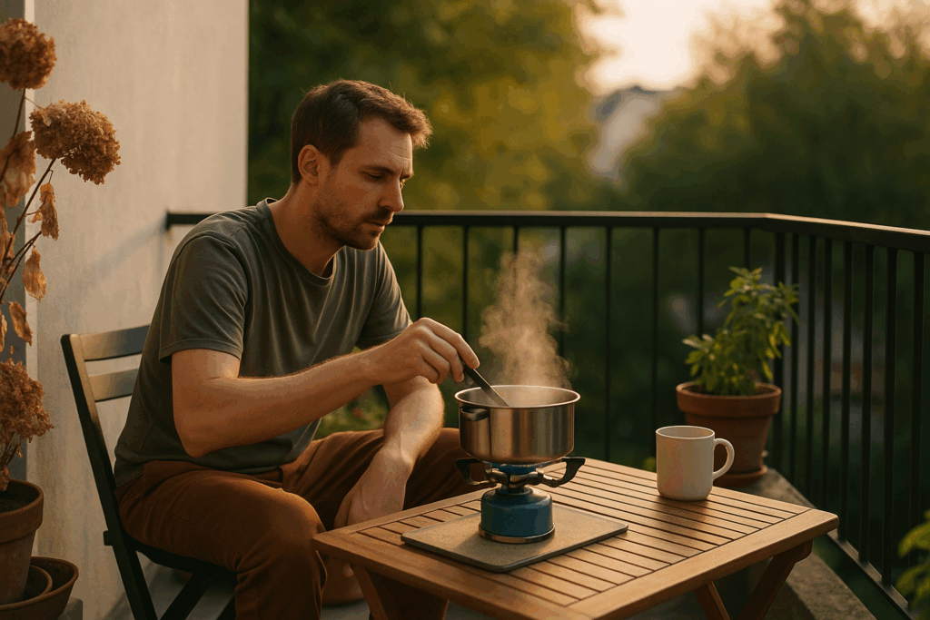 Person kocht auf sicher vorbereitetem Balkon an einem Gaskocher mit Abstand zu brennbaren Materialien und isst aus einem dampfenden Topf - Kochen ohne Küche