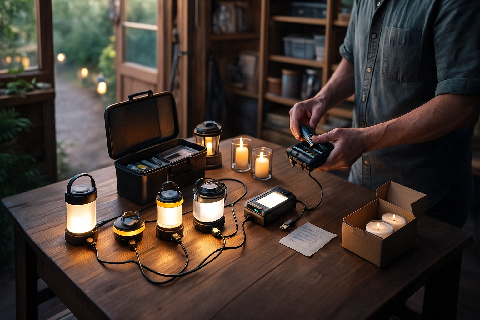 Person kontrolliert im Gartenhaus Akkuleuchten, Batterien und Kerzenvorrat auf einem aufgeräumten Arbeitstisch - Licht ohne Steckdose