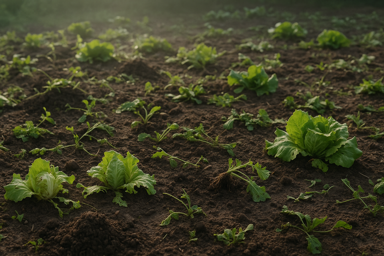 Überblick über ein beschädigtes Gemüsebeet am Morgen mit angefressenen Salatköpfen und Erdhaufen als Einstieg ins Thema Fraßspuren