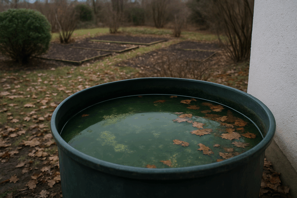 Geöffnete Regentonne mit trübem, algenhaltigem Wasser im spätherbstlichen Garten neben kahlen Gemüsebeeten