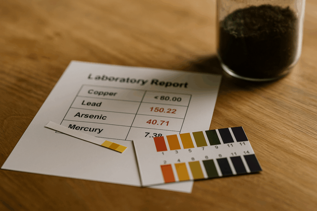 pH-Teststreifen und Laborbericht mit markierten Schwermetallwerten auf Holztisch, daneben Glas mit Gartenbodenprobe
