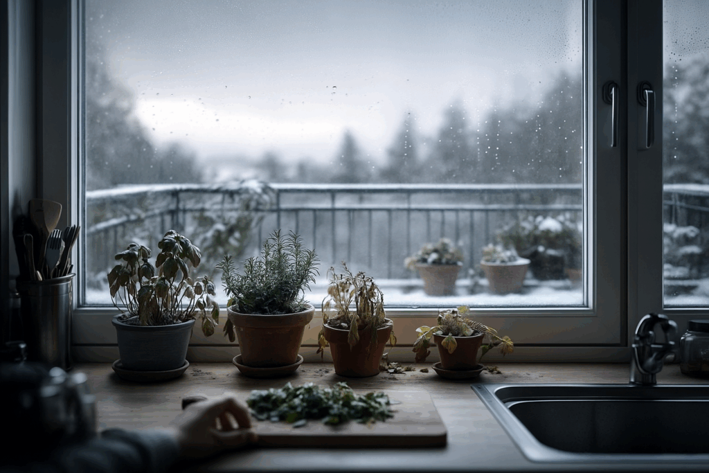 Verwelkte Kräutertöpfe auf der Fensterbank vor einem frostigen Balkon an einem grauen Dezembermorgen