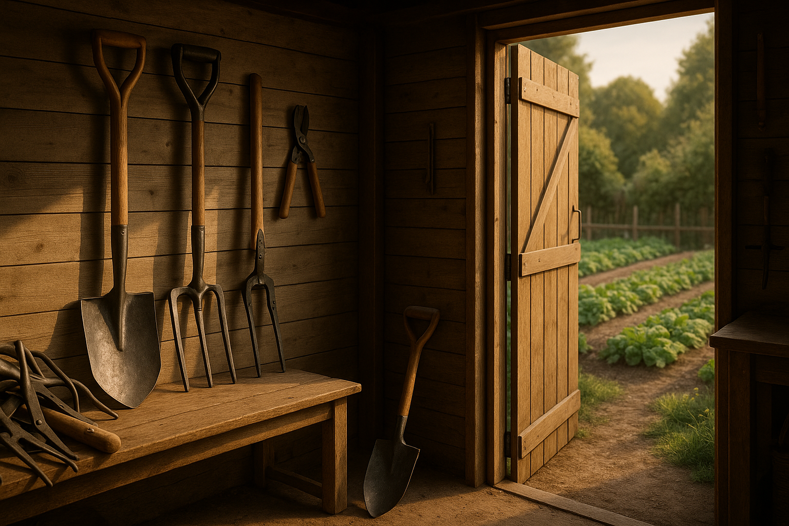 Ordnung im Schuppen mit wenigen Kernwerkzeugen und Blick in einen gepflegten Selbstversorgergarten - Gartenwerkzeuge