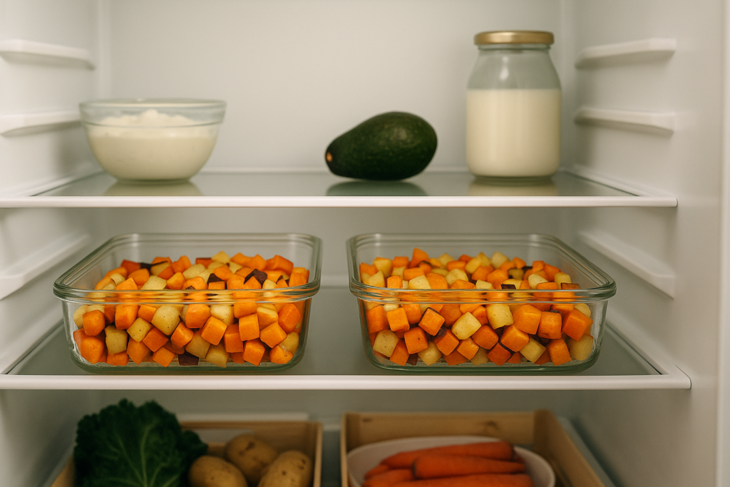 Zwei Glasdosen mit geröstetem Wintergemüse ordentlich im mittleren Kühlschrankfach neben wenigen Basiszutaten