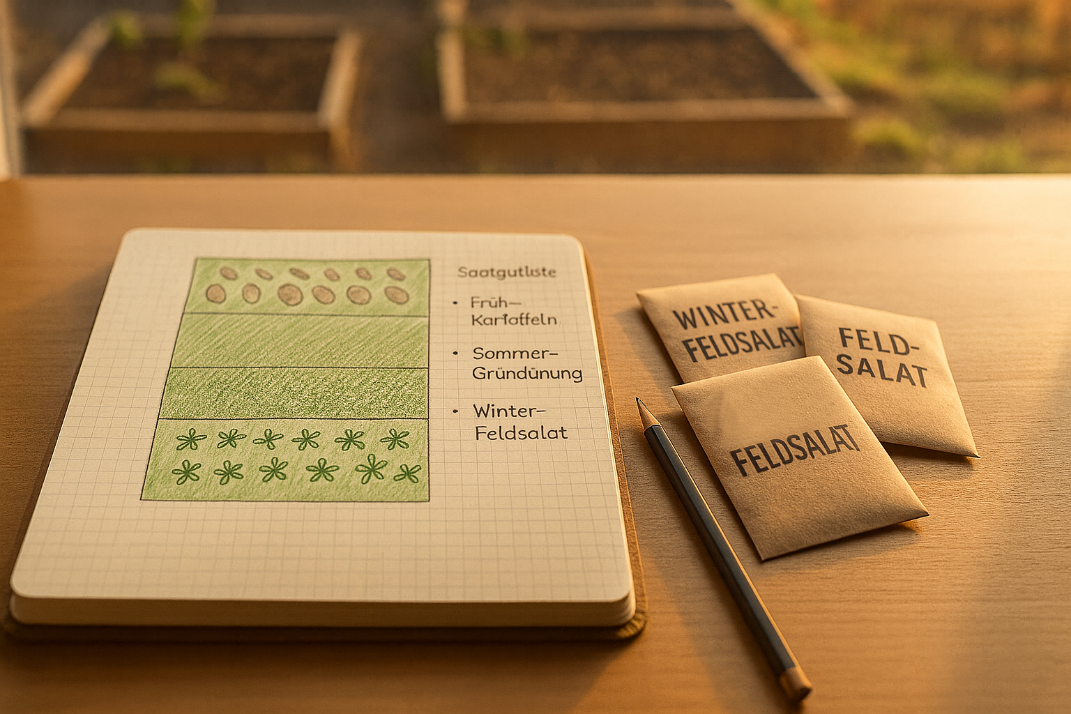 Fertiger Beetplan mit reduzierter Saatgutliste und wenigen Saatpäckchen liegt auf einem ordentlich eingerichteten Schreibtisch