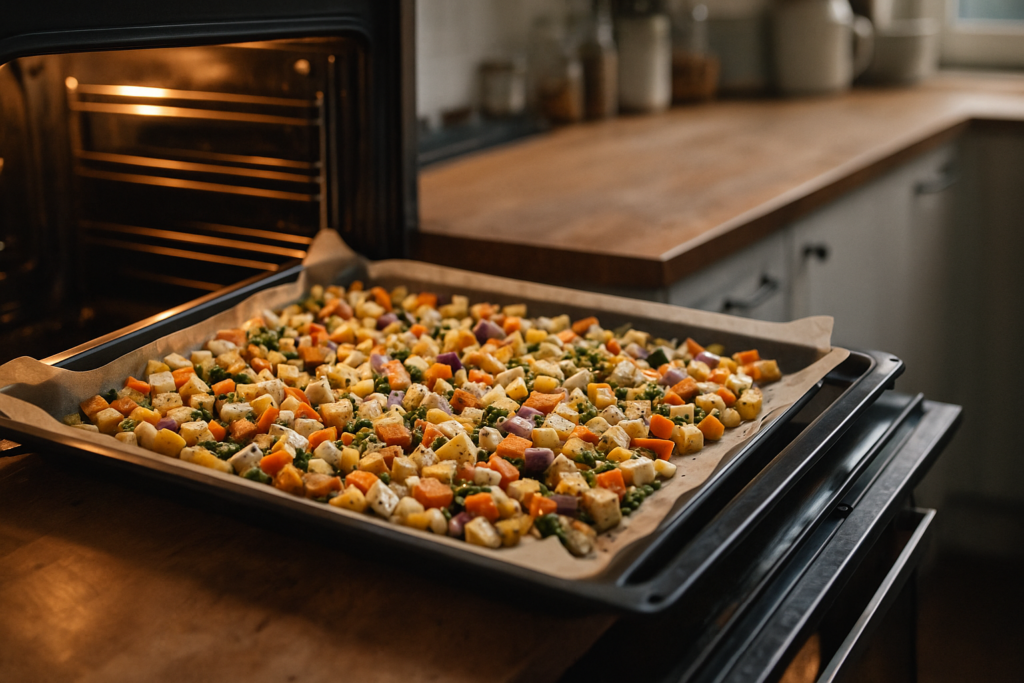 Backblech mit gemischtem geröstetem Wintergemüse auf Holzarbeitsplatte kurz vor dem Einschieben in den Ofen