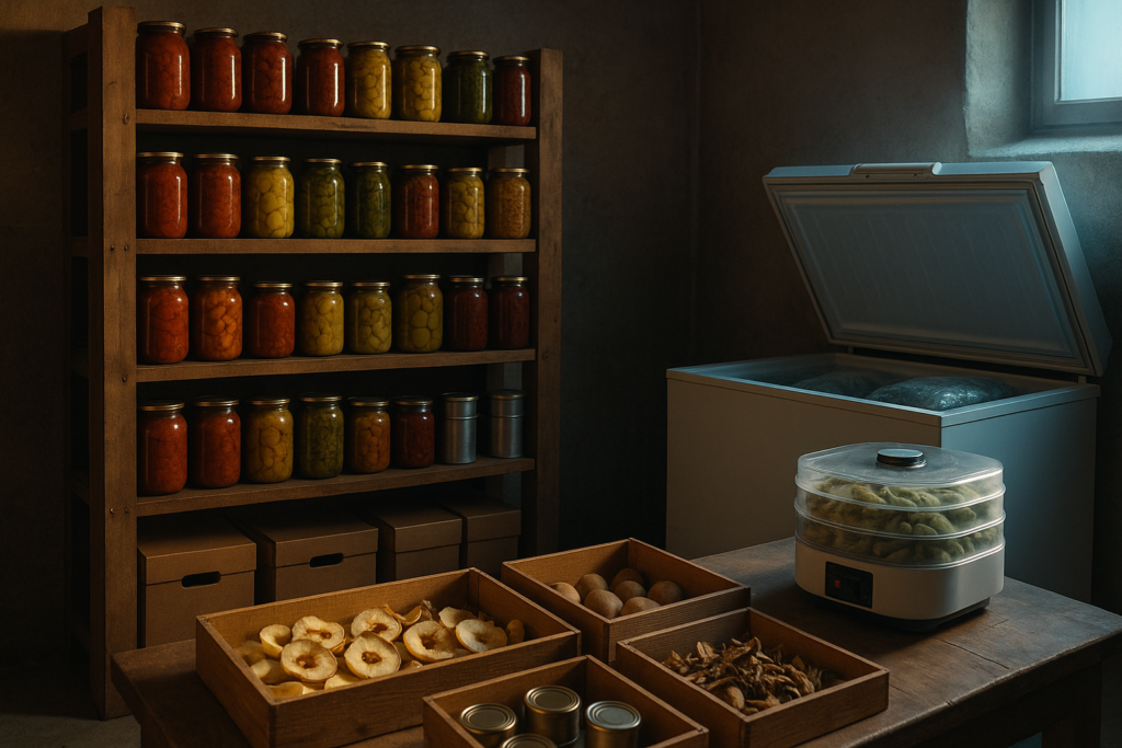 Vorratskeller mit vielen Einmachgläsern, Gefriertruhe und getrocknetem Obst als widerstandsfähiger Wintervorrat