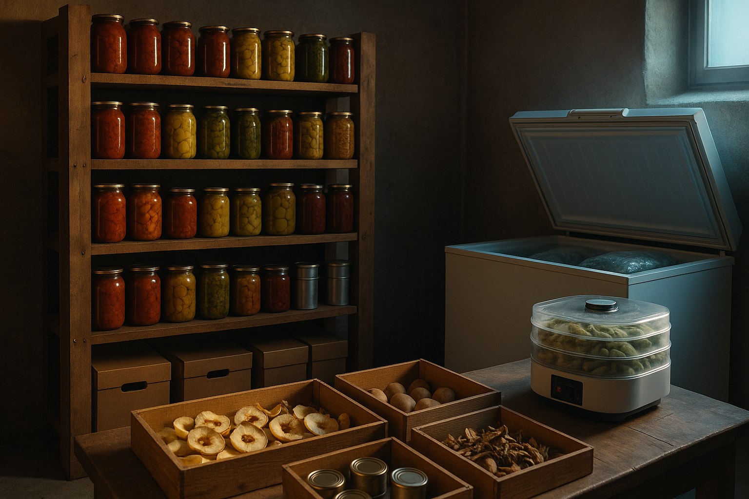 Vorratskeller mit vielen Einmachgläsern, Gefriertruhe und getrocknetem Obst als widerstandsfähiger Wintervorrat