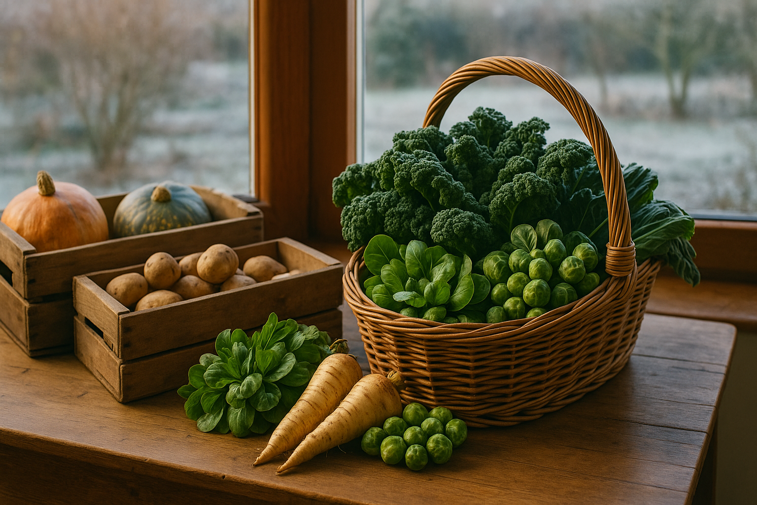 Kombination aus frischer Winterernte und Lagergemüse auf einem Küchentisch mit Blick in den winterlichen Garten - Gemüse im Dezember