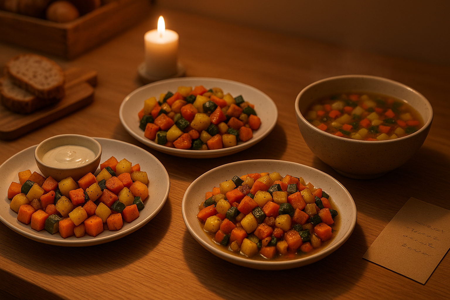 Drei unterschiedliche Wintergerichte aus einem Blech Gemüse nebeneinander auf einem gedeckten Holztisch