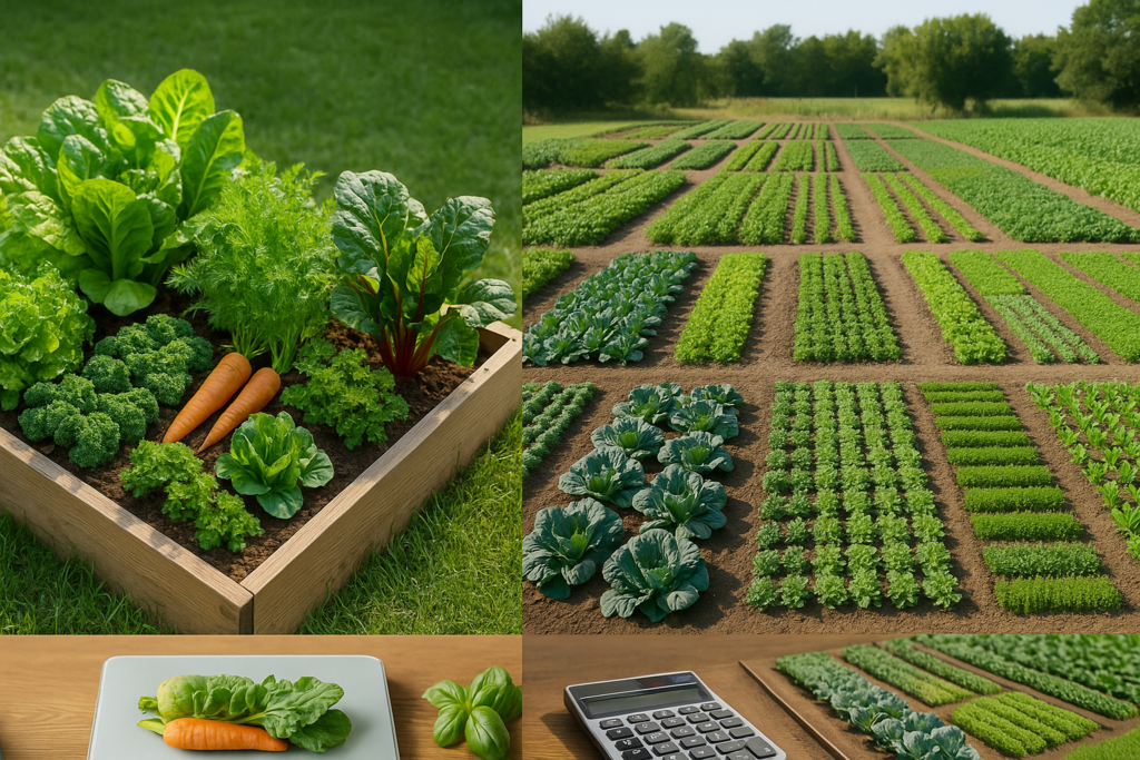 Kleinfläche mit Hochbeet neben großem Gemüsegarten, als Kontrast von Instagram-Mythos und realem Flächenbedarf