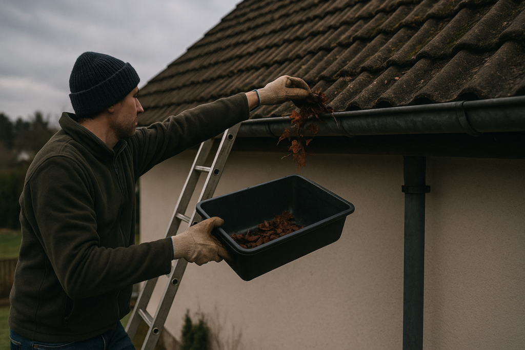 Person auf Leiter säubert verstopfte Regenrinne, unter dem Dach liegt ein ordentlicher Garten