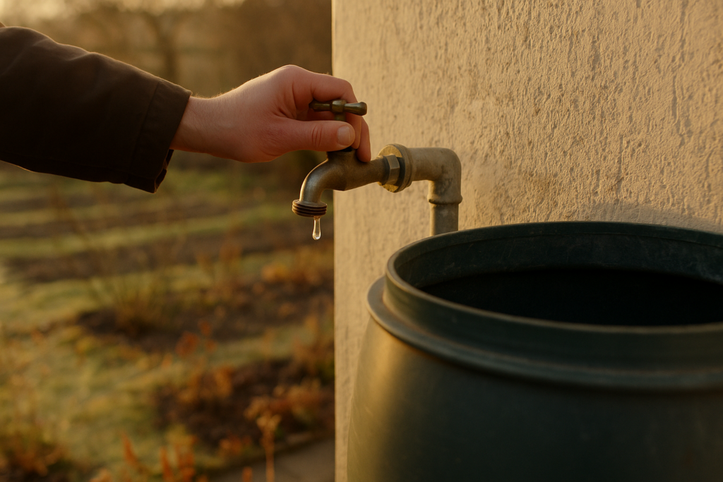Hand schließt Außenwasserhahn neben geleerter Regentonne, im Hintergrund ein kahler Spätherbstgarten