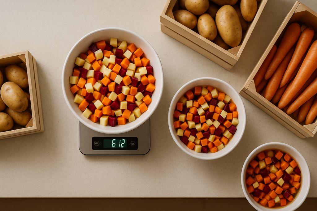 Draufsicht auf abgewogenes Wintergemüse in Schüssel auf Küchenwaage mit Vorratskisten im Hintergrund