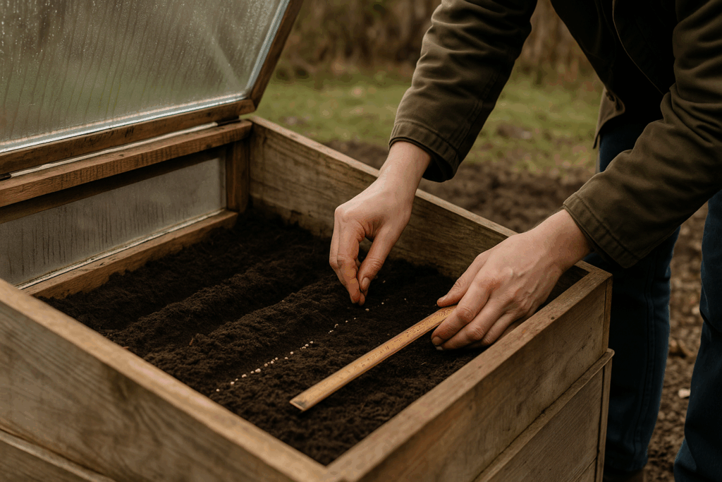 Hände säen im Februar Radieschen und Feldsalat in ein geöffnetes Frühbeet mit beschlagener Scheibe