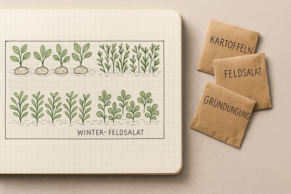 Skizzierter Jahresablauf in einem Beet mit Frühkartoffeln, Gründüngung und Feldsalat neben passenden Samentütchen