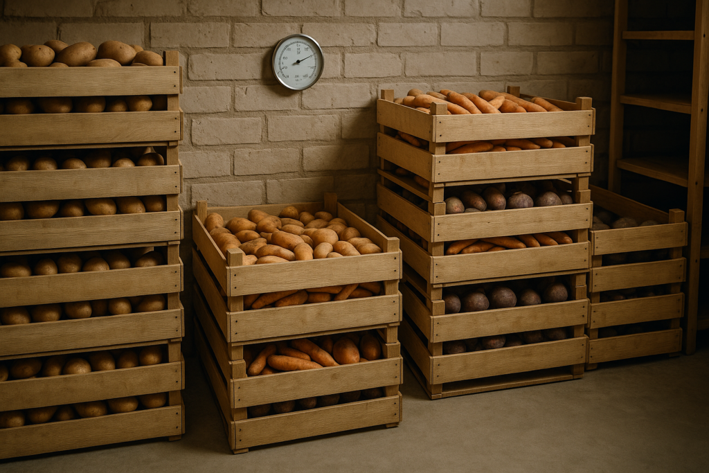 Ordnungsgemäß gestapelte Holzkisten mit Luftspalten in einem trockenen Gemüsekeller mit Hygrometer an der Wand - Gemüse im Keller