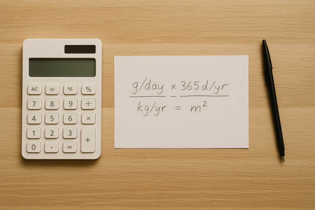 Schreibtisch mit Rechner und Skizzenblatt, auf dem von Gramm pro Tag zu Quadratmetern Beetfläche gerechnet wird - Gemüsebedarf