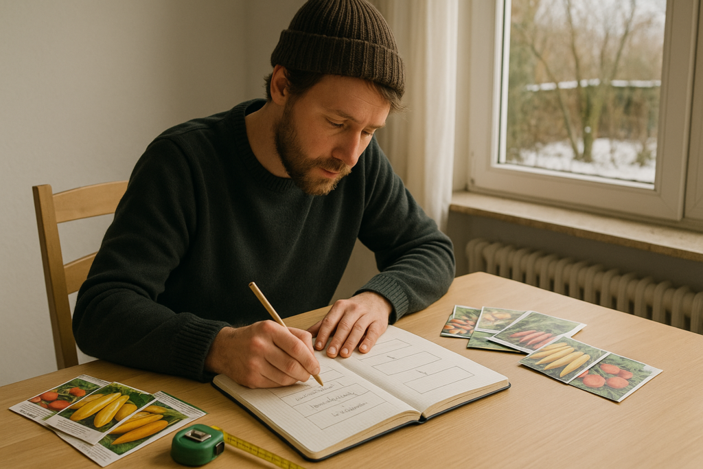 Gärtner plant am Küchentisch mit Notizbuch, Saatkatalogen und Maßband den Beetplan für seinen Gemüsegarten
