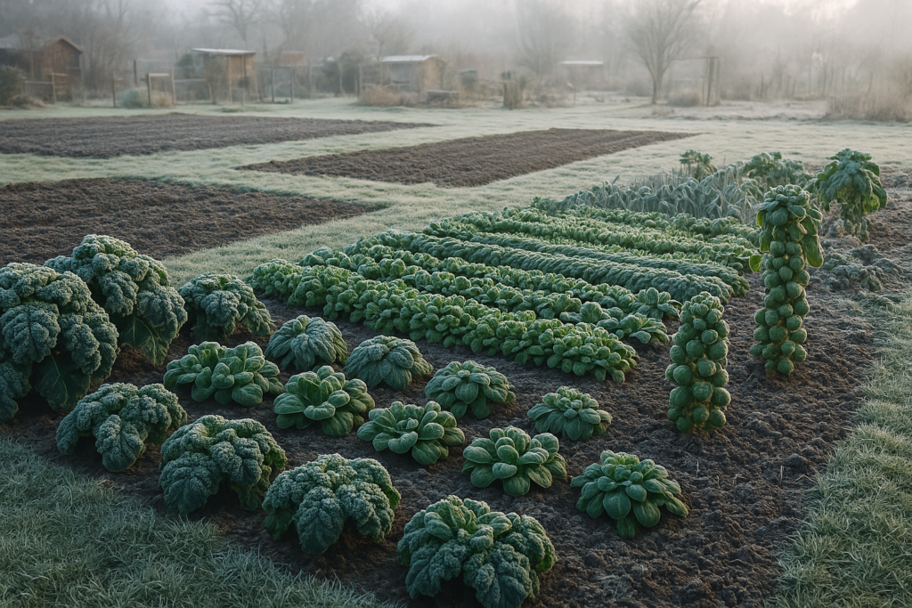 Wintergarten mit einem vollen Winterbeet vor leeren Nachbarbeeten an einem frostigen Dezembermorgen