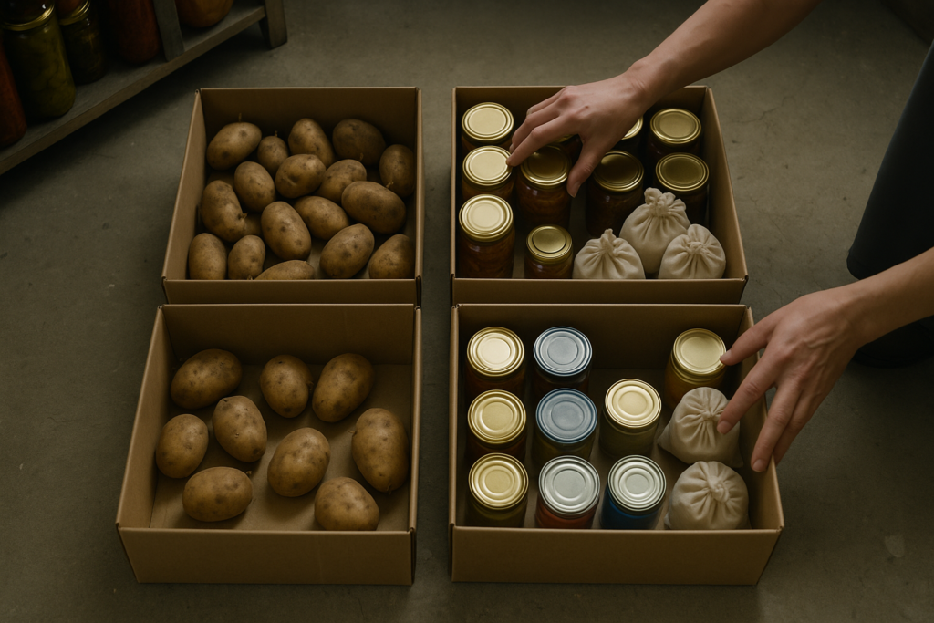 Auf dem Boden sortierte Vorratskisten zeigen die Einteilung in Basis, Eiweiß, Frisches und Luxus