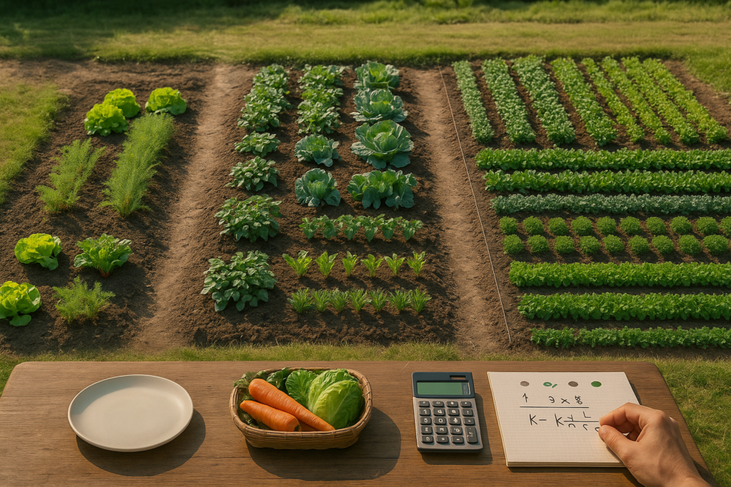 Drei unterschiedlich große Gemüsegärten als Vergleich für saisonale, teilweise und volle Selbstversorgung