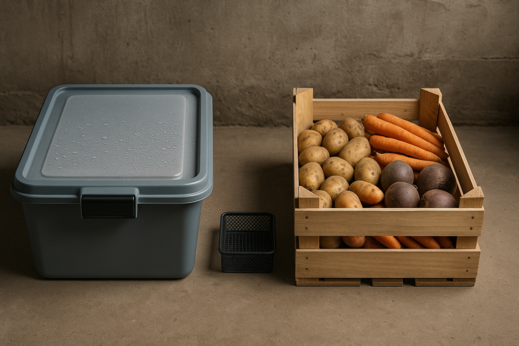 Vergleich von geschlossener Plastikwanne mit Kondenswasser und offener Holzkiste mit trockenem Lagergemüse im Keller