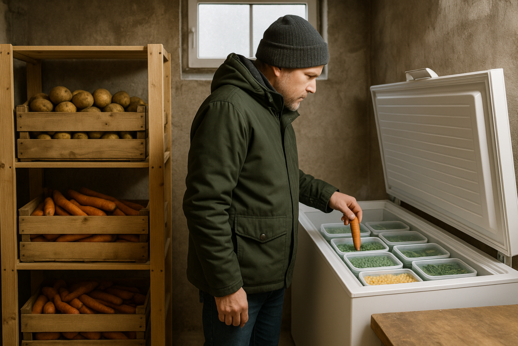 Vergleich von Vorratskeller mit Kisten und geöffneter Gefriertruhe mit Gemüsevorräten in einer Winterküche - Gefrierschrank oder Keller