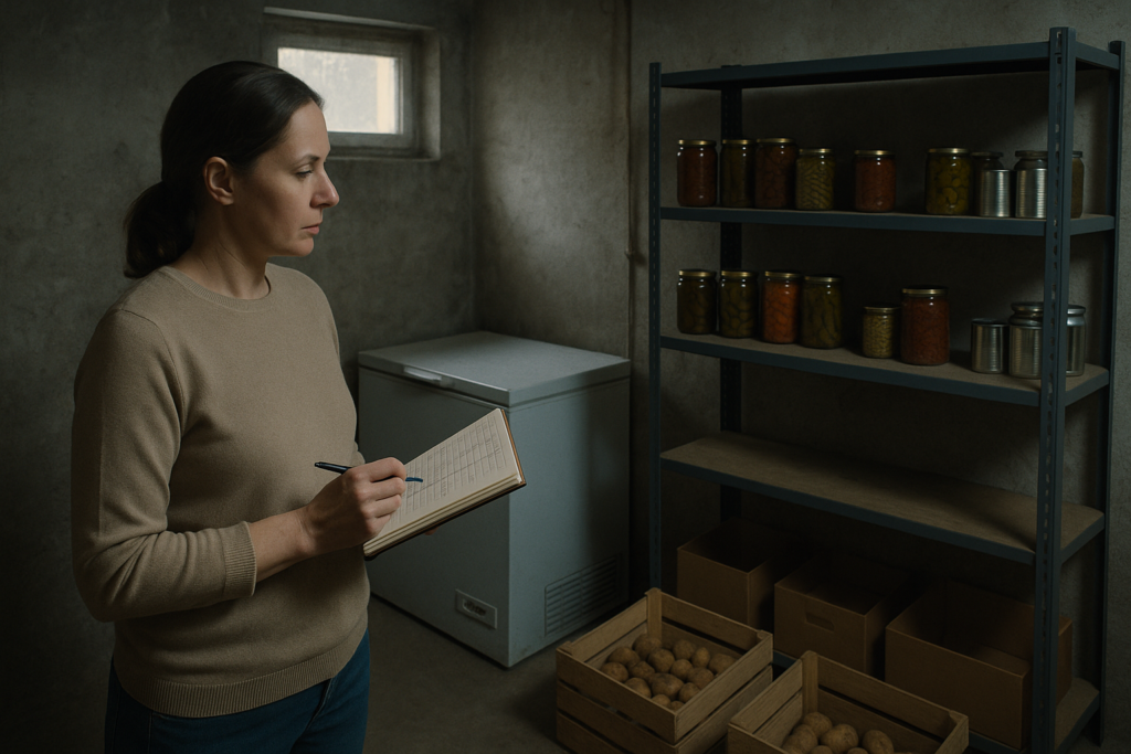 Gärtner prüft kritisch einen halbleeren Vorratskeller mit Notizblock in der Hand