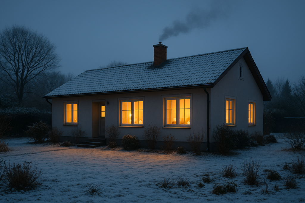 Winterliches Haus mit warmen Fenstern, Schnee im Garten und Rauch aus dem Schornstein als Symbol für einen gut vorbereiteten Winter -Checkliste vor dem Winter
