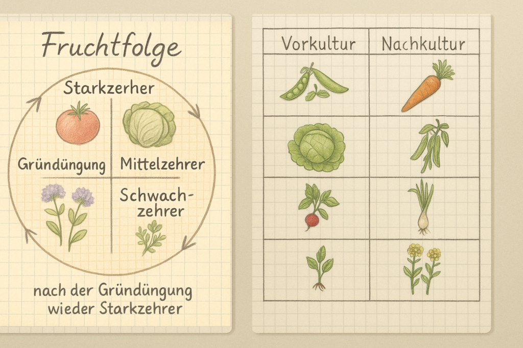 Notizblatt zeigt nebeneinander mehrjährige Fruchtfolge und einjährige Kulturabfolge für ein Gemüsebeet