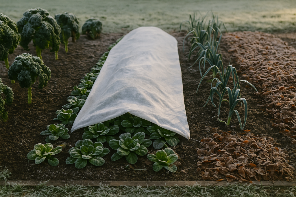 Winterbeet mit Kohl im Freiland, Feldsalat unter Vlies und gemulchtem Wurzelgemüsebereich als Frostschutzbeispiel