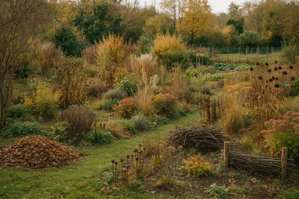 Herbstgarten mit Stauden, Laubhaufen und Reisighaufen als Winterquartiere vor einem Gemüsegarten - Garten im Herbst