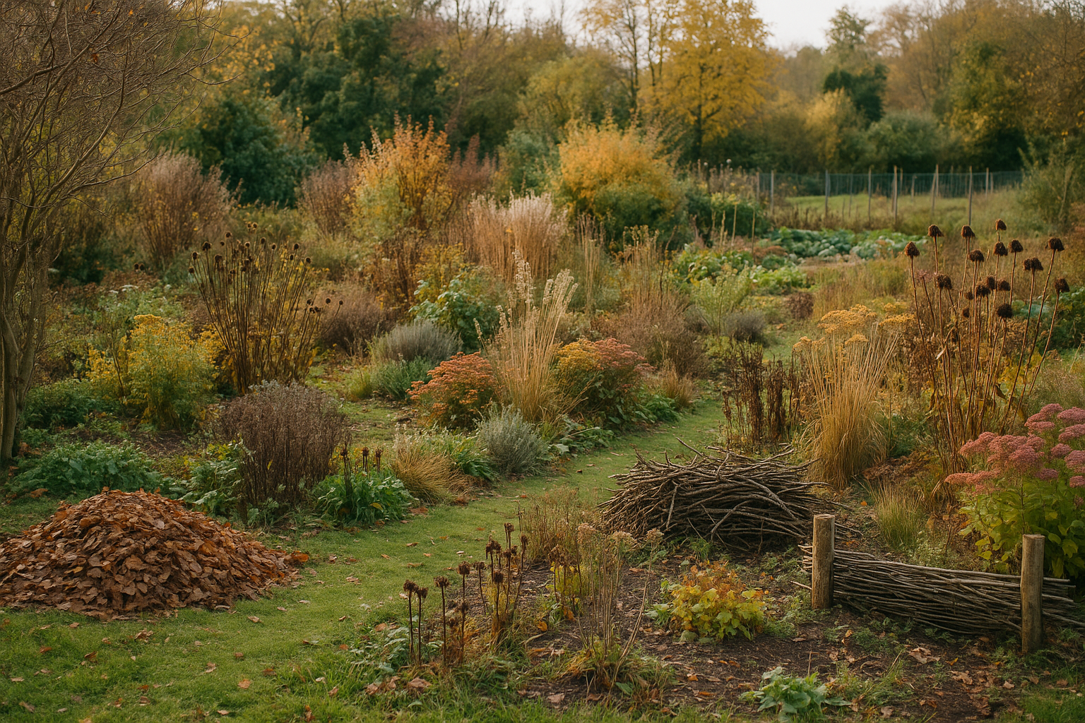 Herbstgarten mit Stauden, Laubhaufen und Reisighaufen als Winterquartiere vor einem Gemüsegarten - Garten im Herbst