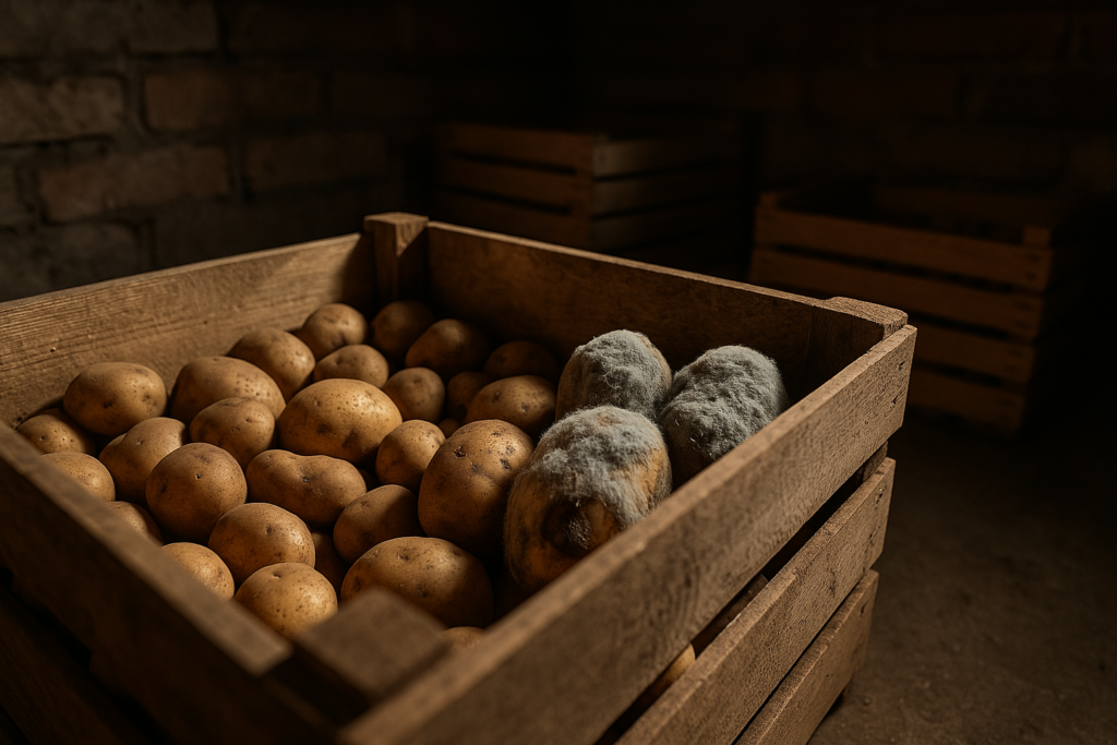 Verschimmelte Kartoffelkiste im Vorratskeller mit deutlich sichtbaren Mycelfäden in einer feuchten Ecke