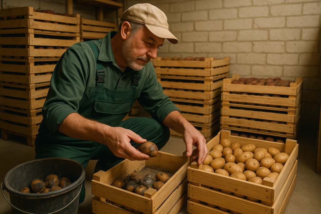 Person sortiert im Vorratskeller eine Kiste Kartoffeln, schlechte Knollen im Eimer, gute in einer frischen Kiste
