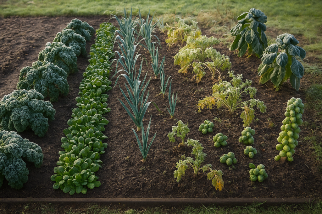 Übersichtsbild eines strukturierten Winterbeets mit verschiedenen Wintergemüsesorten in klaren Reihen