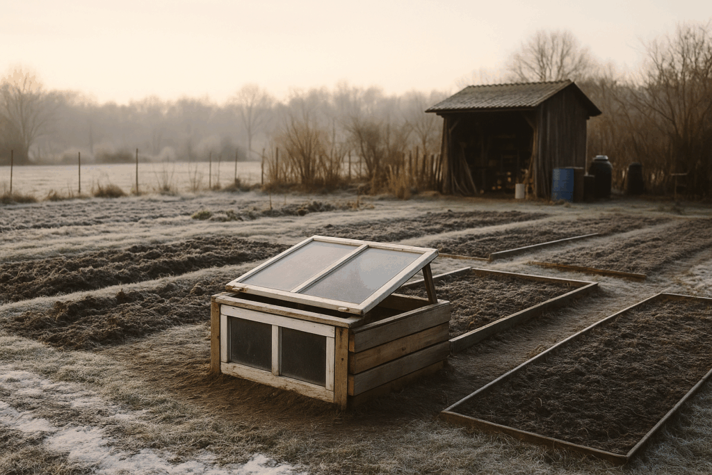 Wintergarten mit selbstgebautem Frühbeet aus Schrottteilen aus Holz und alten Fenstern, außen Raureif und Schnee, innen geschützter Anzuchtbereich - Schrott