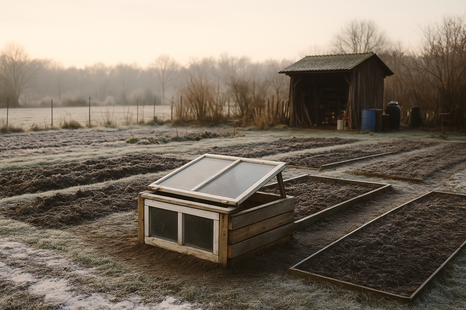 Wintergarten mit selbstgebautem Frühbeet aus Schrottteilen aus Holz und alten Fenstern, außen Raureif und Schnee, innen geschützter Anzuchtbereich - Schrott